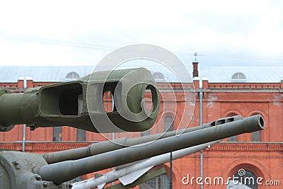 Barrels of various artillery systems on territory of museum in cloudy weather closeup Stock Photo