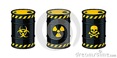 Barrels of waste vector illustration. Biohazard waste, Radioactive waste, Toxic waste. Vector Illustration