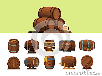 Barrels. Wooden cartoon barrel for alcohol production packages for wine an beer vector pirate symbols Vector Illustration