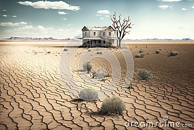 Barren landscape fith crached dried soil, abandoned farm and dead tree in a distance. Rural depopulation concept, generative AI Cartoon Illustration