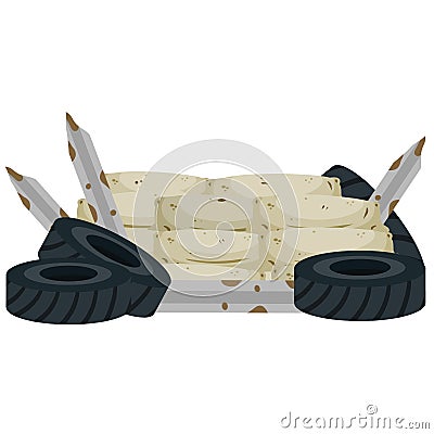 Barricade. Wall of sandbags and tires. Military outpost Vector Illustration