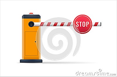 Barrier gate with flashing for security. Closed automatic for parking of car or vehicle. border for entrance to park, garage, Vector Illustration