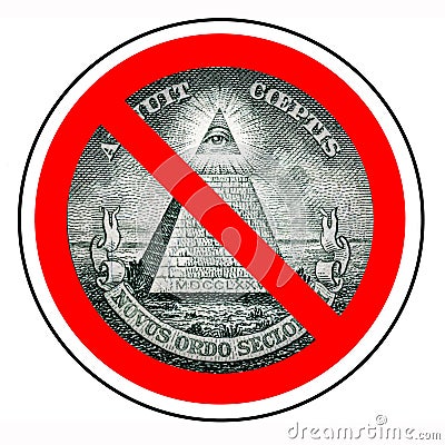 Barring a world government. The end of the new world order. Prohibited Illuminati. Ban mason. One dollar pyramid isolated Stock Photo