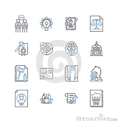 Barrister company line icons collection. Law, Advocacy, Court, Judge, Litigation, Barrister, Solicitor vector and linear Vector Illustration