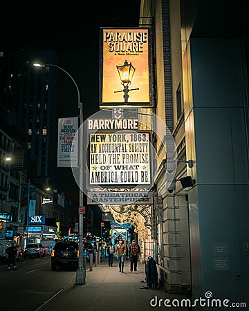 Barrymore Theatre signs at night, Manhattan, New York Editorial Stock Photo