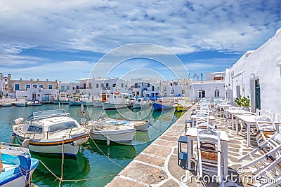 Bars and restaurants at the Greek fishing village of Naousa, Paros Stock Photo