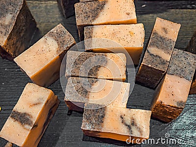 Bars of soap on a shop window. Tar soap with natural cedar oil, turpentine and herbal ingredients. Handmade natural cold process Stock Photo