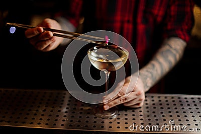 Professional mixologist adding to a Twinkle cocktail decor of one Stock Photo
