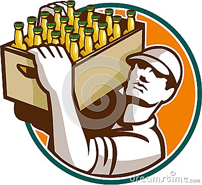 Bartender Carrying Beer Case Retro Vector Illustration