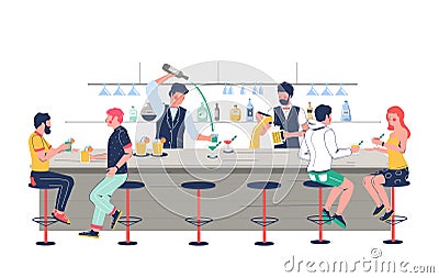 Bartender characters pouring beer, making alcohol cocktail for pub, bar, club customers, vector flat illustration Vector Illustration