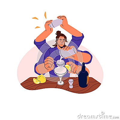 Bartender cooking cocktail. Professional barman prepares alcohol drink. Young man mixing liquid ingredients in shaker Vector Illustration