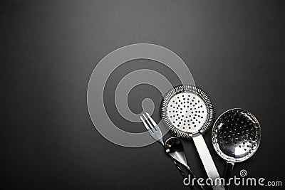 Bartender equipment for making cocktail. Strainer, spoon. Food and beverages concept. Food and beverages concept Stock Photo