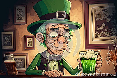 bartender in a green hat serves beer at the bar on St. Patrick's Day. Cartoon style Stock Photo