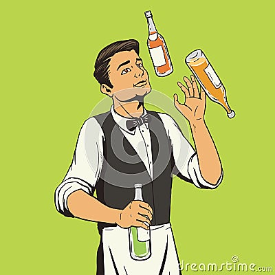 Bartender juggling bottles pop art style vector Vector Illustration