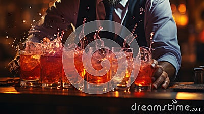 Bartender making red cocktail at the bar counter in a nightclub Stock Photo