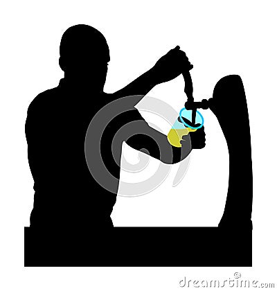 Bartender pouring beer for client vector silhouette isolated on white background. Dispensing beer in bar from metal spigots. Vector Illustration