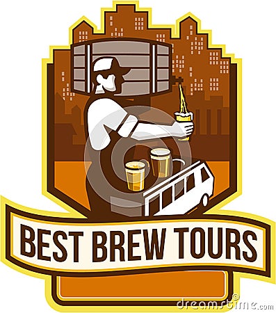 Bartender Pouring Beer Keg Cityscape Crest Retro Vector Illustration