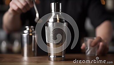 Bartender pouring fresh cocktail, hand holding metallic shaker, close up drink generated by AI Stock Photo