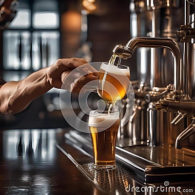 A bartender pouring a frothy pint of beer from a tap into a glass2 Stock Photo