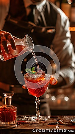 Bartender Pouring a Garnished Cocktail at an Ambient Bar During Evening Hours Stock Photo