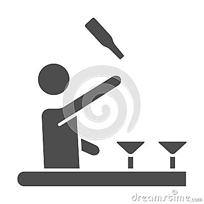 Bartender throws up a bottle of drink solid icon, Bartenders Day concept, Bartender juggles drinks sign on white Vector Illustration