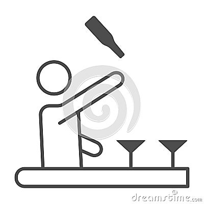 Bartender throws up a bottle of drink thin line icon, Bartenders Day concept, Bartender juggles drinks sign on white Vector Illustration