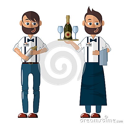 Bartender in uniform in two looks: in a apron, with a tray and in a jeans with a shaker Vector Illustration