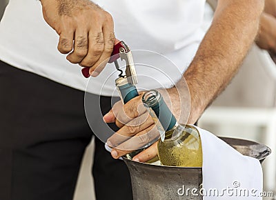 Bartender using corkscrew to open wine bottle Stock Photo