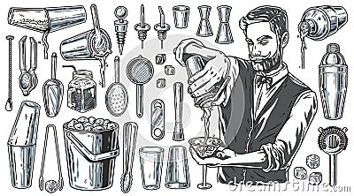 Bartending set with barmen, cocktail shaker and jigger for bar menu. Metal cocktail bar tools Vector Illustration