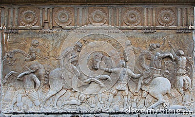 Bas-relief with battle scene in it Stock Photo