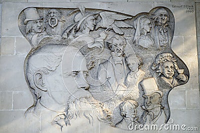 Bas Relief Carving of Charles Dickens Characters in London Editorial Stock Photo