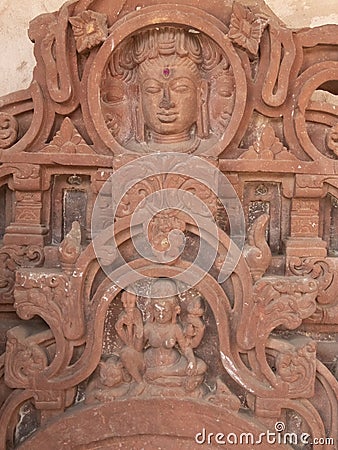 a bas relief carving of hindu dieties at harshat mata temple situated at the village of abhaneri in india Stock Photo