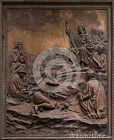 Bas-relief of Jesus preaching on the mount. Editorial Stock Photo