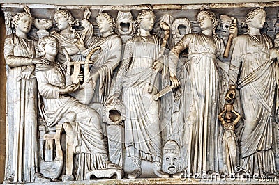 Bas-relief and sculpture details in stone of Roman Gods and Emperors Stock Photo