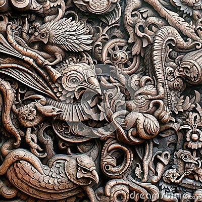 Bas-relief sculpture, floral stone carved wall background with eagle bird and leaves, Created with generative Ai Stock Photo