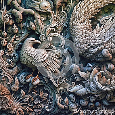 Bas-relief sculpture, floral stone carved wall background with eagle bird and leaves, Created with generative Ai Stock Photo