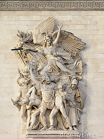 Sculpture of `Le depart, detail of Arc de Triomphe, Paris Editorial Stock Photo