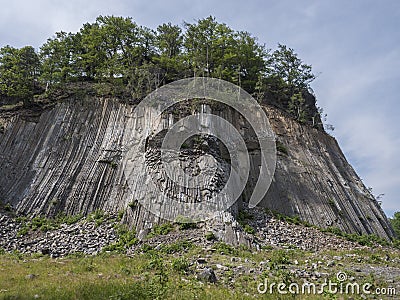 Basalt column pillars, lava vulcanic rock formation organ shape national cultural landmark Zlaty vrch, Jetrichovice Stock Photo