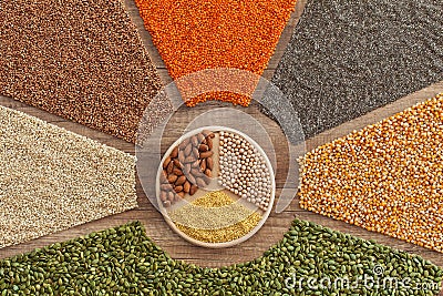 The base for a healthy diversified diet - grains, seeds, cereals and nuts Stock Photo