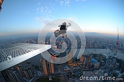 BASE jump Shanghai at sunrise Stock Photo