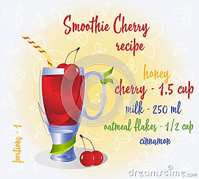 Cherry smoothie recipe. Fresh organic smoothie ingredients. Health or detox diet food concept. Vector Illustration