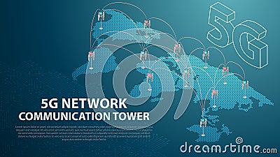 Base Mobile 5G network technology communication antenna tower background Vector Illustration