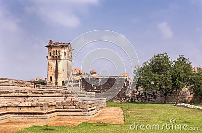 Base of Queens Palace and watch tower at Zanana Enclosure, Hampi, Karnataka, India Editorial Stock Photo