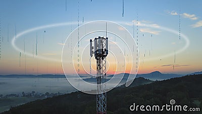 Base station telecommunication tower with digital binary code Stock Photo