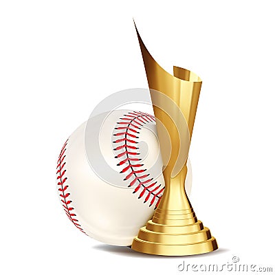 Baseball Game Award Vector. Baseball Ball, Golden Cup. Modern Tournament. Design Element For Sport Promotion. Baseman Vector Illustration