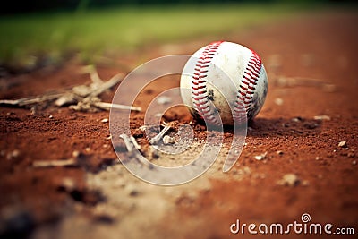 Baseball and ball on the field. Close up. Selective focus. Baseball on the Infield Chalk Line, AI Generated Stock Photo