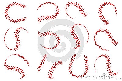 Baseball ball lace. Softball balls with red threads stitches graphic elements, spherical stroke lines leather sport Vector Illustration