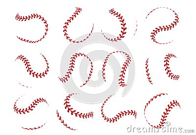 Baseball ball lace. Spherical softball realistic 3D red stroke lines for sport logos and banners. Vector isolated design Vector Illustration