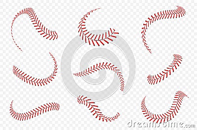 Baseball ball laces or seams set. Baseball stitches with red threads Vector Illustration