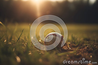 A baseball ball lies on the grass in the rays of the sun Stock Photo